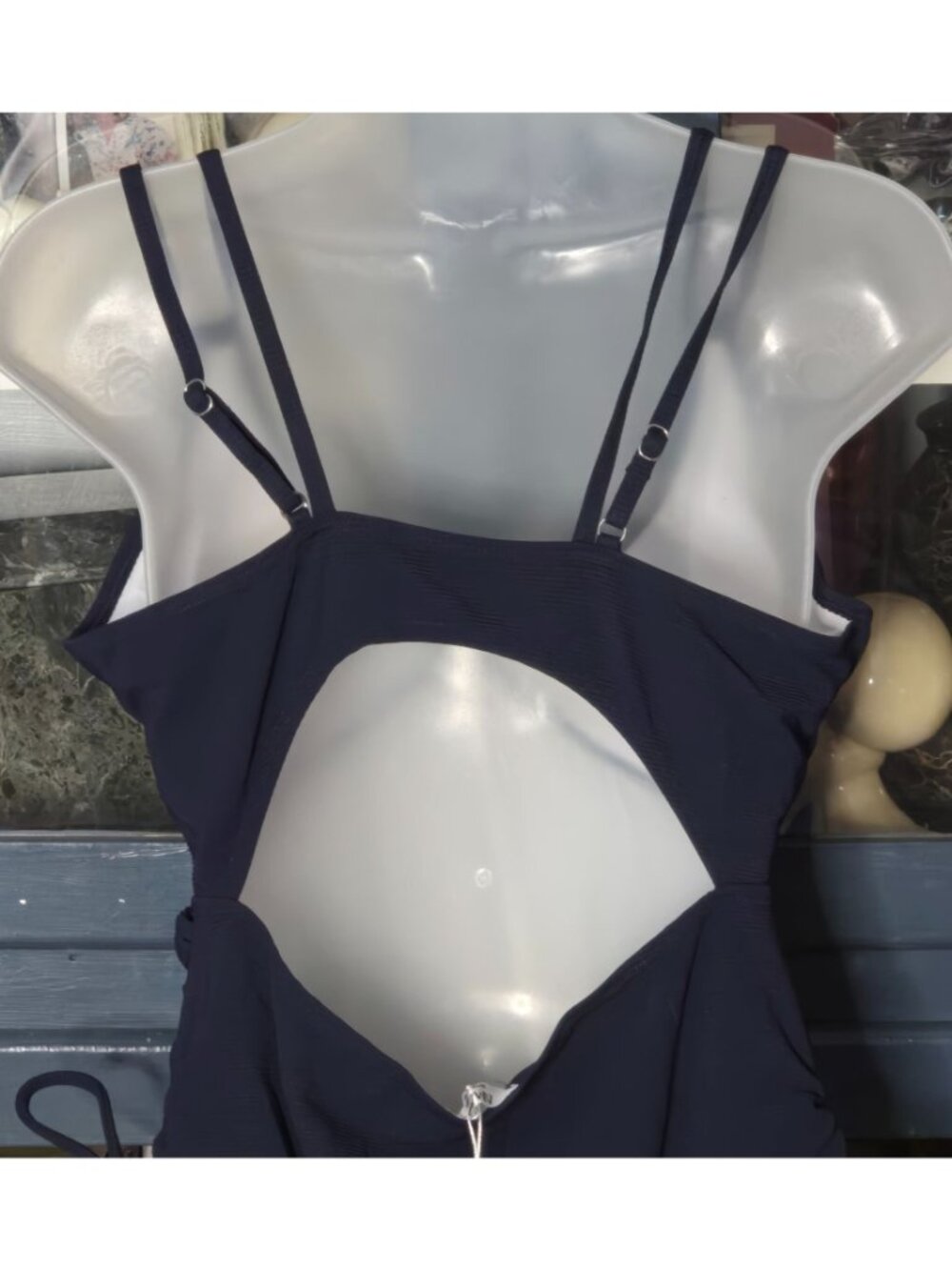 Navy Ribbed One Piece Swimsuit LG V-Neck Cutout Adjustable Straps - Picture 8 of 9